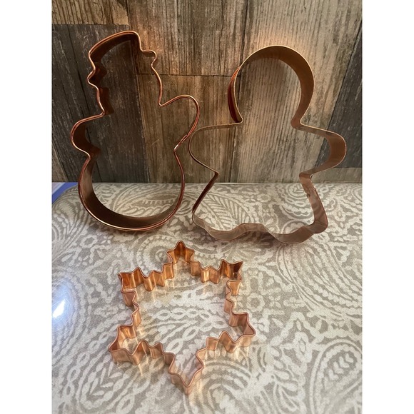3 solid Copper Cookie Cutters Snowman Gingerbread man Snowflake Holiday Baking - Picture 1 of 5